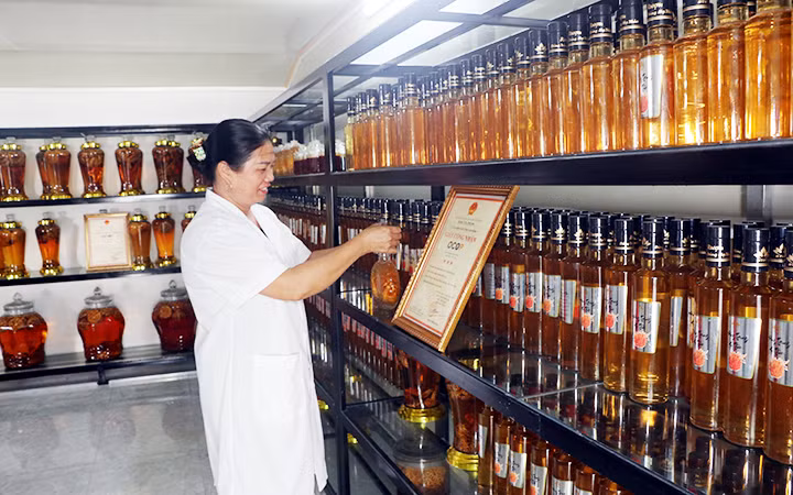 Các sản phẩm chế biến từ đông trùng hạ thảo của doanh nghiệp tư nhân Phú Long (khu 20, thị trấn Thịnh Long, huyện Hải Hậu, Nam Định) được công nhận sản phẩm OCOP của tỉnh Nam Định. Ảnh: TRẦN KHÁNH