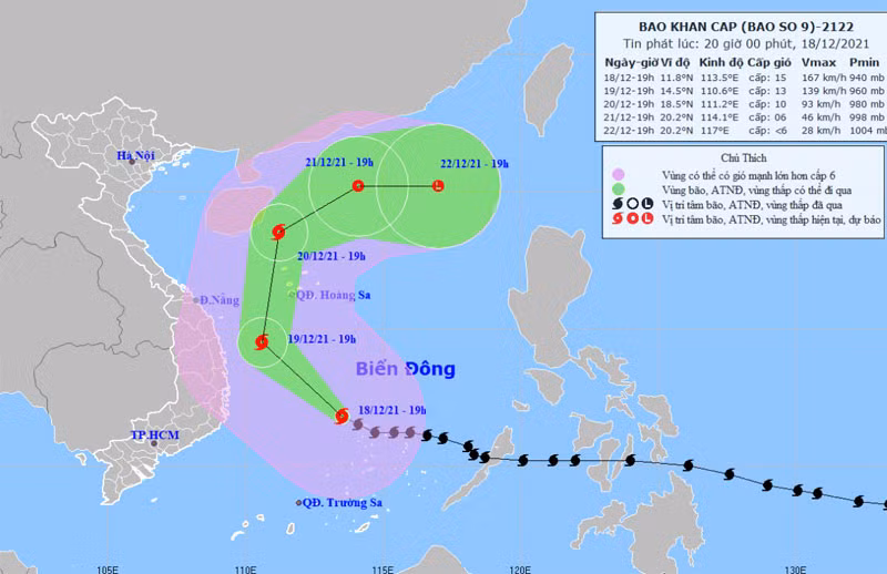 Vị trí và hướng di chuyển của bão số 9 lúc 20 giờ ngày 18/12. (Nguồn: nchmf.gov.vn)