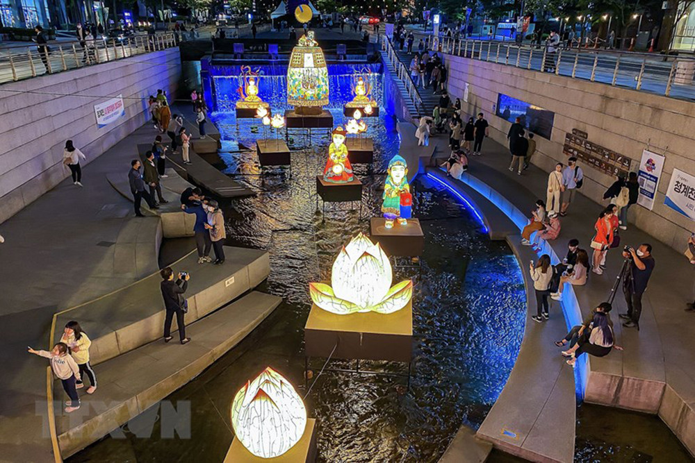 Đèn lồng hoa Sen nổi bật trên dòng suối Cheonggye. Triển lãm đèn lồng truyền thống Seoul mừng Đại lễ Phật đản -0