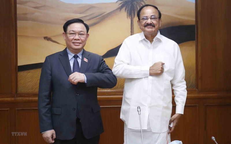 Chủ tịch Quốc hội Vương Đình Huệ gặp Phó Tổng Thống kiêm Chủ tịch Thượng viện Ấn Độ Venkaiah Naidu. (Ảnh: TTXVN)