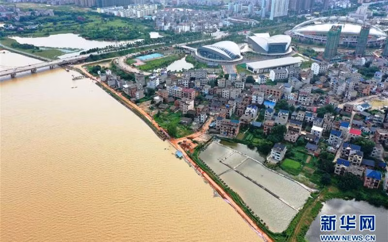 Đoạn đê thuộc thôn Giang Gia Lĩnh, đằng sau là Huyện Bà Dương, tỉnh Giang Tây. (Nguồn: Tân Hoa xã)