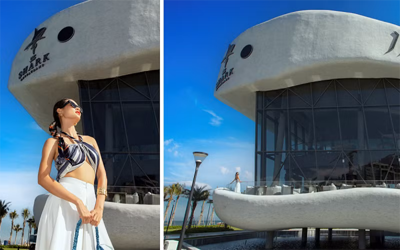 “Tôi thực sự thích thú khi ghé thăm nhà hàng The Shark với không gian tráng lệ, tầm nhìn hướng thẳng bờ biển Hồ Tràm xanh mát. Sự tinh tế còn đến từ không gian nhà hàng được bao quanh bởi kính trong suốt, giúp thực khách có thể phóng tầm mắt ngắm nhìn cảnh đẹp 360 độ cho bữa ăn thêm thi vị”, Cao Thiên Trang cho biết.