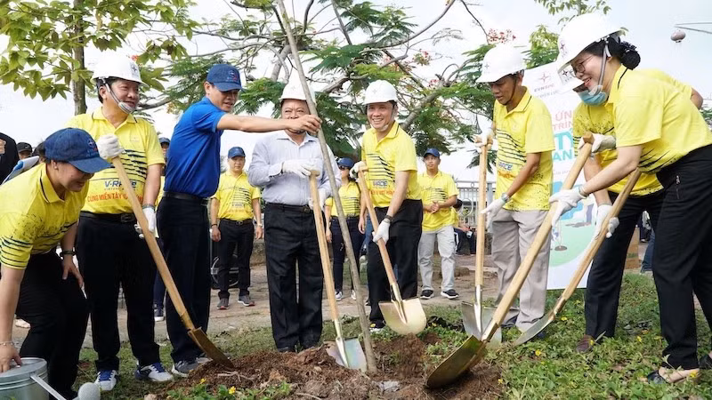 Đại diện Lãnh đạo Tổng Công ty điện lực miền Nam và lãnh đạo địa phương trồng cây xanh tại thị xã Ngã Năm.