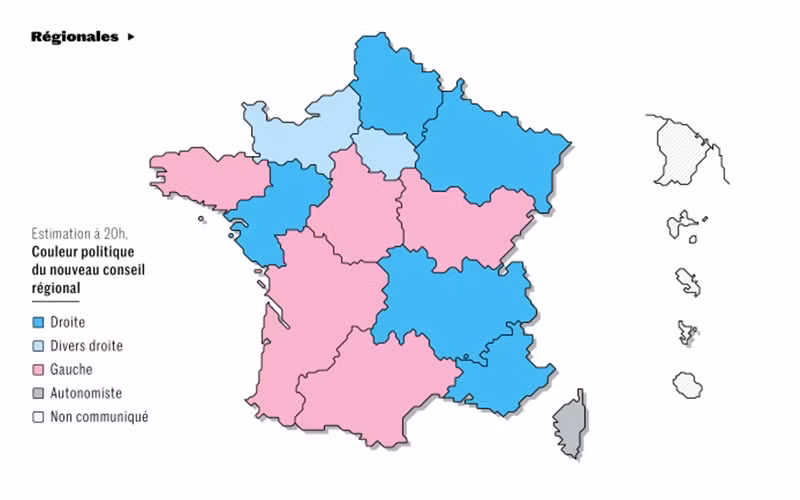 Biểu đồ thắng cử của các đảng phái trong cuộc bầu cử vùng và tỉnh năm 2021. Màu xanh là đảng cánh hữu LR và liên minh. Màu hồng là đảng PS và liên minh. (Nguồn: Le Monde)