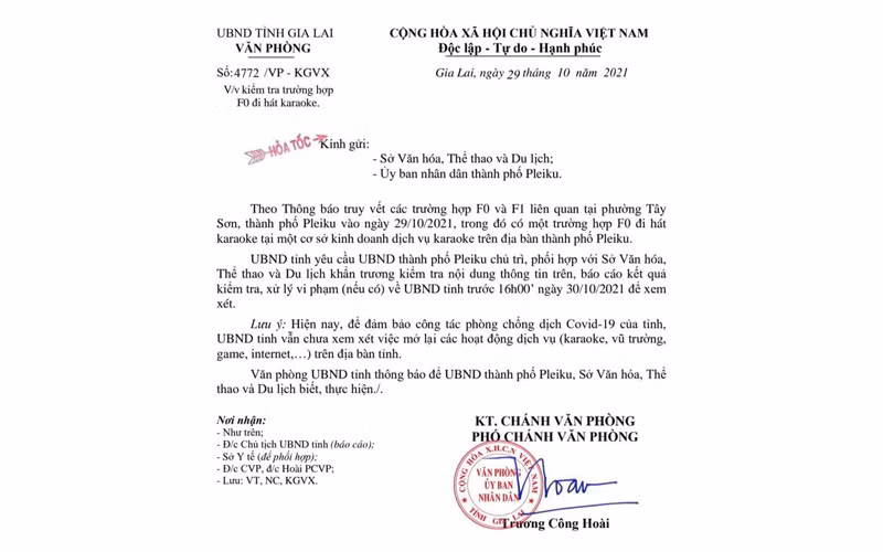 Công văn hỏa tốc của Ủy ban nhân dân tỉnh Gia Lai yêu cầu kiểm tra vụ việc. 