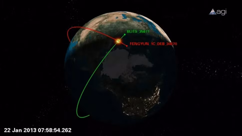 Rác không gian được tạo ra từ cuộc thử nghiệm chống vệ tinh của Trung Quốc năm 2007 đã va vào một vệ tinh của Nga vào ngày 22/1/2013. Ảnh: Courtesy of Analytical Graphics.