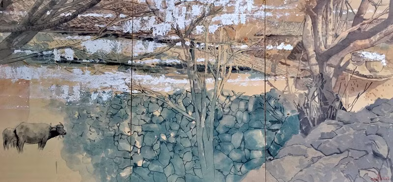 Xuân sắp về (Mầu nước - Giấy Dó. 225cm x 105cm, 2020 - 2021).