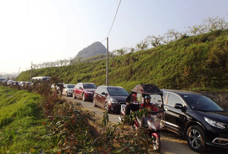 Xe nối đuôi nườm nượp đến Bắc Hà trong ngày nghỉ cuối tuấn, dịp 8-3. Lên Bắc Hà ngắm hoa lê trắng dịp 8-3 -2