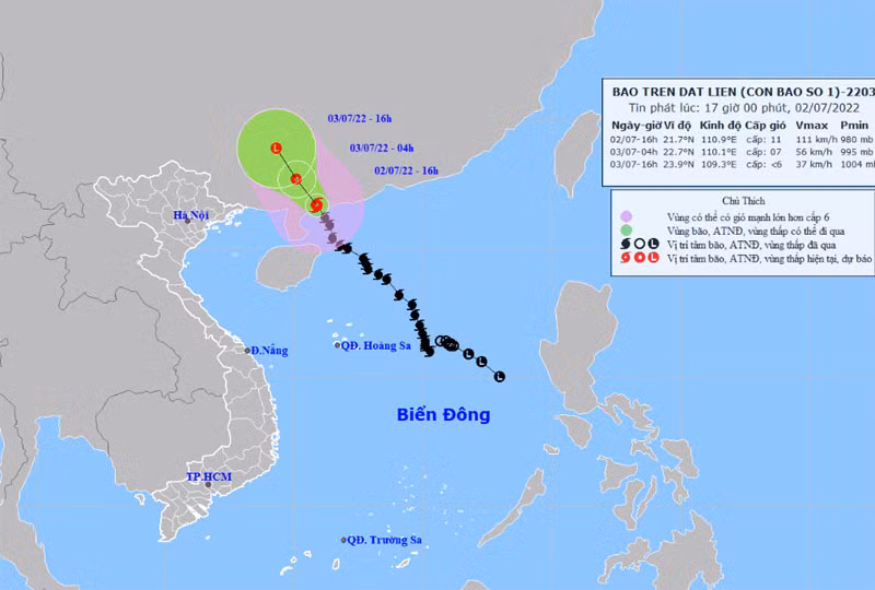 Vị trí và hướng di chuyển của bão số 1 lúc 16 giờ ngày 2/7. (Nguồn: nchmf.gov.vn)