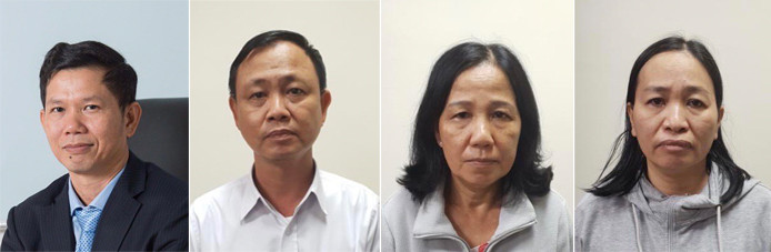 Các bị can từ trái sang phải: Hồ Đắc Hiếu, Hà Văn Thuận, Nguyễn Kim Liên, Vũ Thị Lợi. Bắt nguyên Phó Giám đốc Sở tài chính tỉnh Bình Dương -0