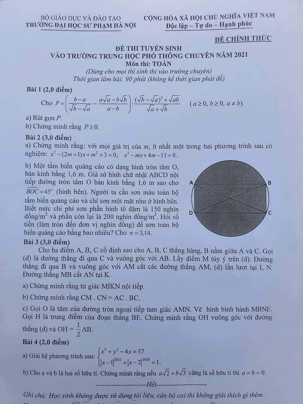 Đề thi, gợi ý đáp án môn Toán thi vào lớp 10 Trường chuyên đại học Sư phạm -0