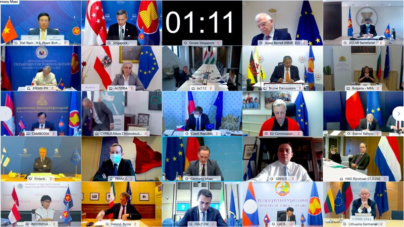 Hội nghị Bộ trưởng Ngoại giao ASEAN-EU lần thứ 23 diễn ra theo hình thức trực tuyến. (Ảnh: Bộ Ngoại giao Việt Nam) Hội nghị Bộ trưởng Ngoại giao ASEAN-EU lần thứ 23 -0