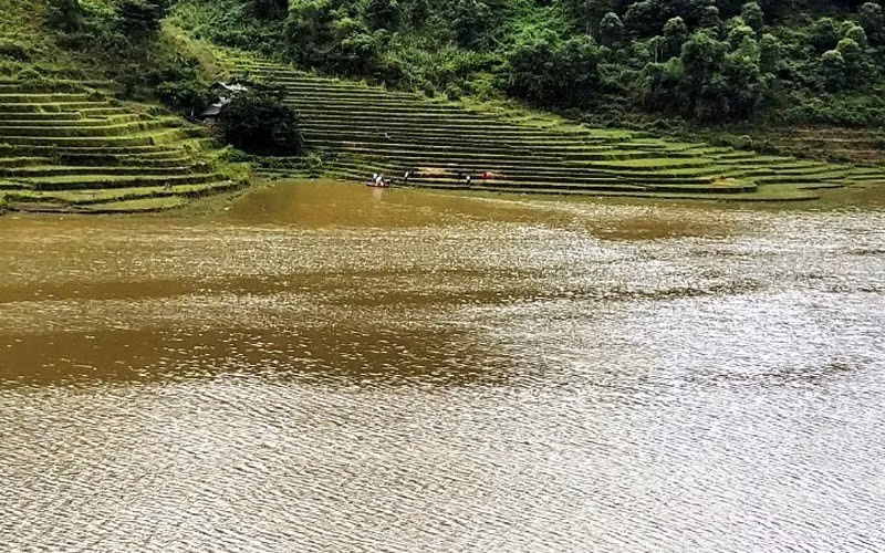 Hồ thủy điện Minh Lương Thượng, nơi lực lượng cứu hộ đã tìm thấy nạn nhân bị lũ cuốn mất tích, ở xã Nậm Xé, huyện Văn Bàn (Lào Cai) 