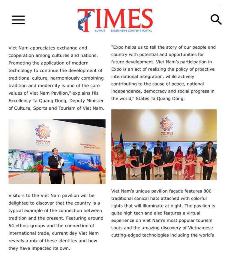 Hãng thông tấn Kuwait News phỏng vấn độc quyền Thứ trưởng Văn hóa, Thể thao và Du lịch Phó Giáo sư, Tiến sĩ Tạ Quang Đông. (Ảnh chụp màn hình) Truyền thông quốc tế đưa tin đậm nét về Nhà Triển lãm Việt Nam tại EXPO 2020 -0