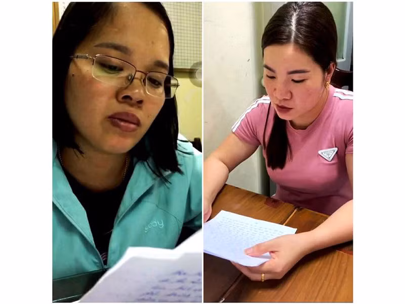 Hai đối tượng Bùi Thị Hiền (trái) và Khổng Thị Lan tại cơ quan điều tra.