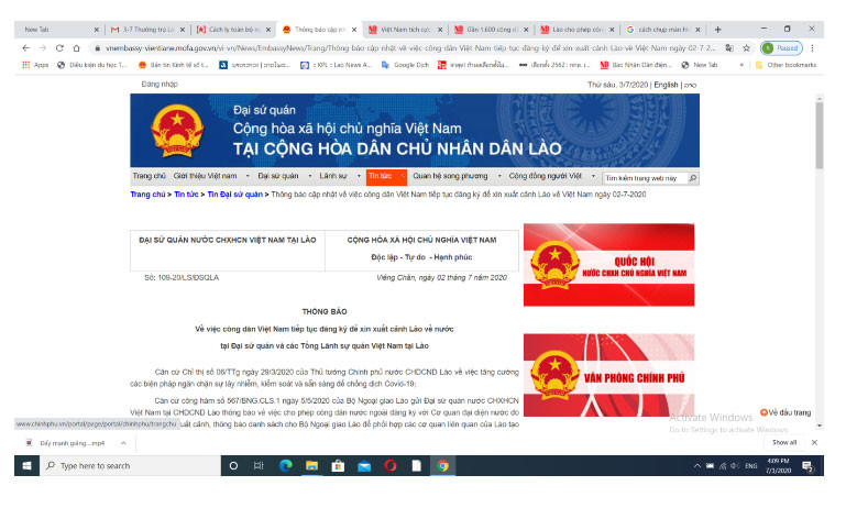 Thông báo chiều 2-7 của Đại sứ quán Việt Nam tại Lào.