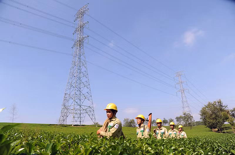 Công nhân Công ty Truyền tải điện Tây Bắc (Tổng công ty Truyền tải điện Quốc) gia kiểm tra, sửa chữa đường dây 500kV Sơn La - Hiệp hòa. Ảnh: NGUYỄN TUẤN