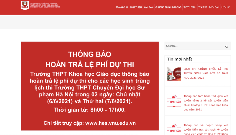 Thông báo hoàn trả lệ phí đăng ký dự thi của Trường THPT Khoa học Giáo dục (thuộc Trường đại học Giáo dục, Đại học Quốc gia Hà Nội) Thay đổi lịch thi vào lớp 10, thí sinh được trả lại lệ phí nếu không thi -0