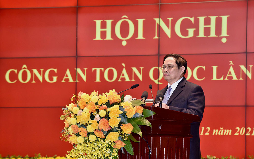 Thủ tướng Phạm Minh Chính phát biểu tại Hội nghị Công an toàn quốc lần thứ 77. (Ảnh: TRẦN HẢI).