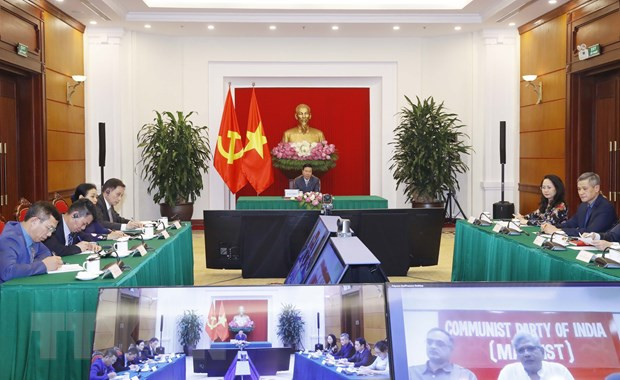 Toàn cảnh hội đàm trực tuyến. (Ảnh: Phương Hoa/TTXVN) Thường trực Ban Bí thư hội đàm với Tổng Bí thư ĐCS Ấn Độ Marxist -0