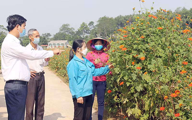 Cán bộ MTTQ xã Ðan Thượng, huyện Hạ Hòa, tỉnh Phú Thọ tuyên truyền, vận động nhân dân trồng hoa, cây cảnh hai bên đường, tạo cảnh quan xanh-sạch-đẹp. (Ảnh THU HƯƠNG) 