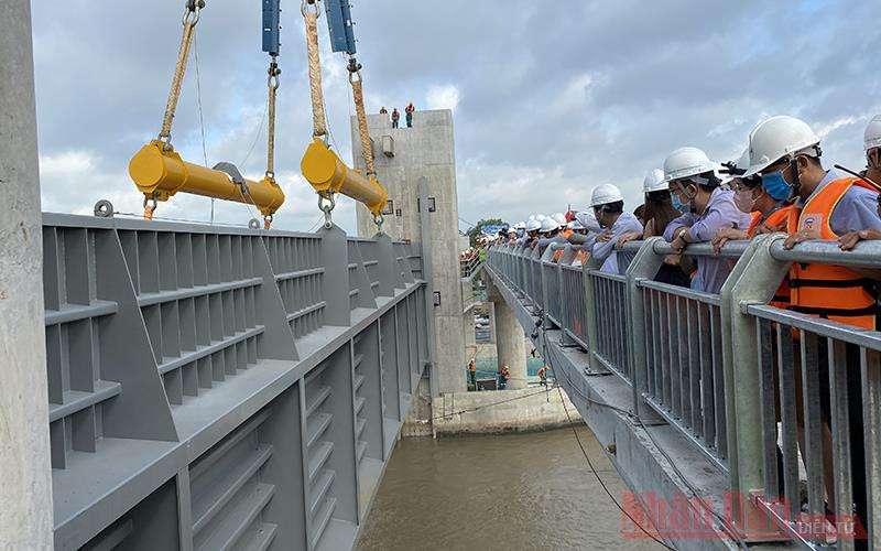 Một cửa van Cống ngăn triều Cây Khô có trọng lượng 230 tấn đang được kiểm tra sau khi thi công lắp đặt. Dự án Chống ngập 10 nghìn tỷ đồng hoàn tất cuối năm 2020, đấu thầu chọn đơn vị vận hành -0