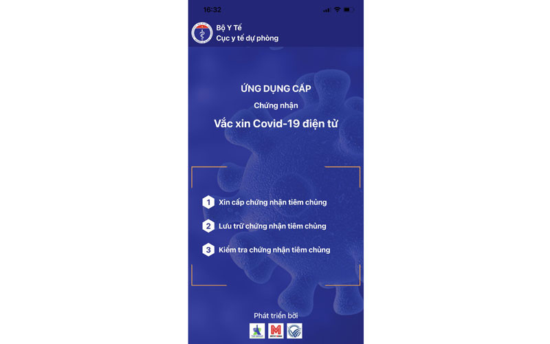 Giao diện ứng dụng của hệ thống cấp chứng nhận vaccine Covid-19 điện tử.