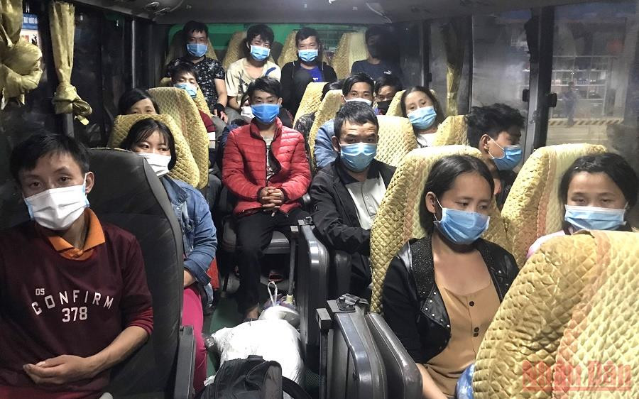 Ngay sau khi về Hà Giang, lao động từ vùng dịch được vận chuyển bằng ô tô về các khu cách ly tập trung. Xuyên đêm đón công dân từ vùng dịch về Hà Giang -0