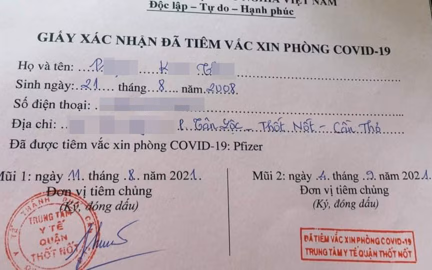 Giấy xác nhận tiêm chủng 2 mũi vaccine Pfizer của bé gái 13 tuổi ở Cần Thơ.