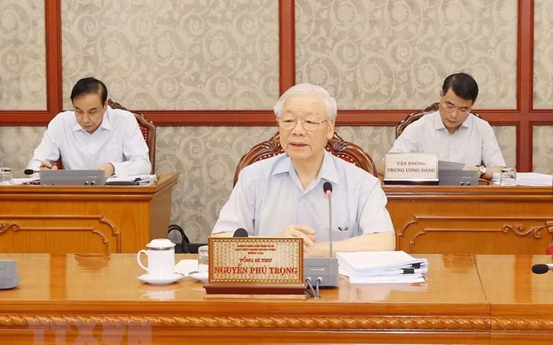 Tổng Bí thư Nguyễn Phú Trọng phát biểu kết luận cuộc họp. (Ảnh: TTXVN)