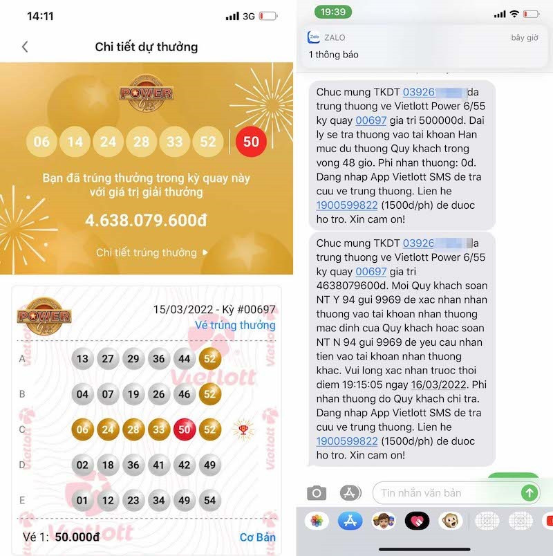 Thông tin vé số mua qua Vietlott SMS và tin nhắn thông báo trúng Jackpot 2. “Săn” Jackpot qua điện thoại, thuê bao Viettel trúng 4,6 tỉ -0