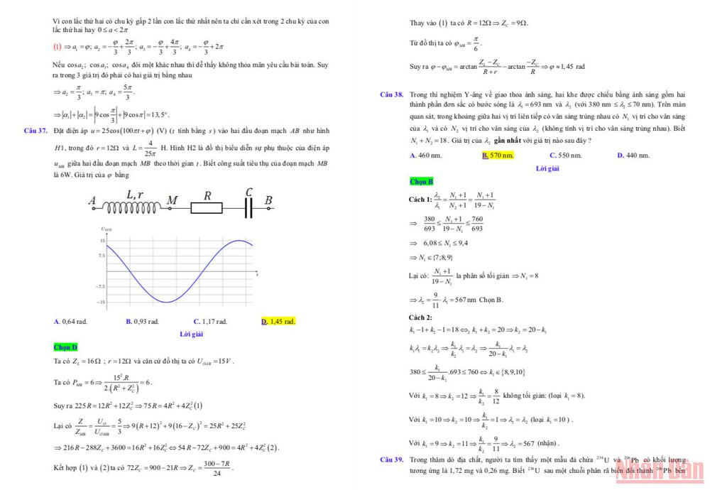 Gợi ý đáp án, lời giải môn Vật lý thi tốt nghiệp trung học phổ thông đợt 2 -5