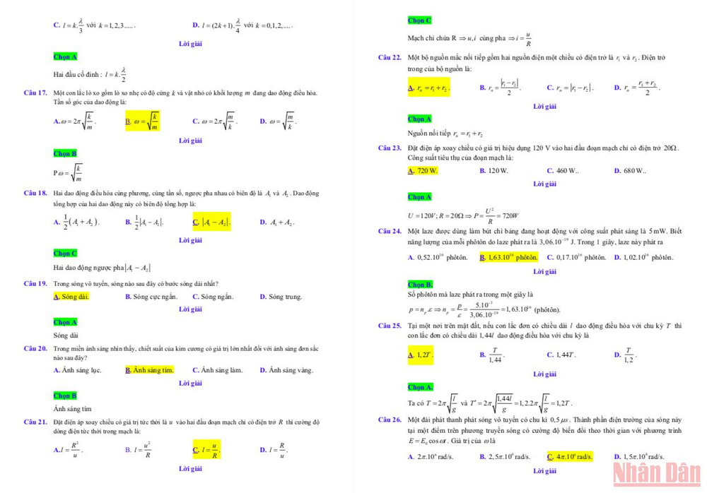 Gợi ý đáp án, lời giải môn Vật lý thi tốt nghiệp trung học phổ thông đợt 2 -0