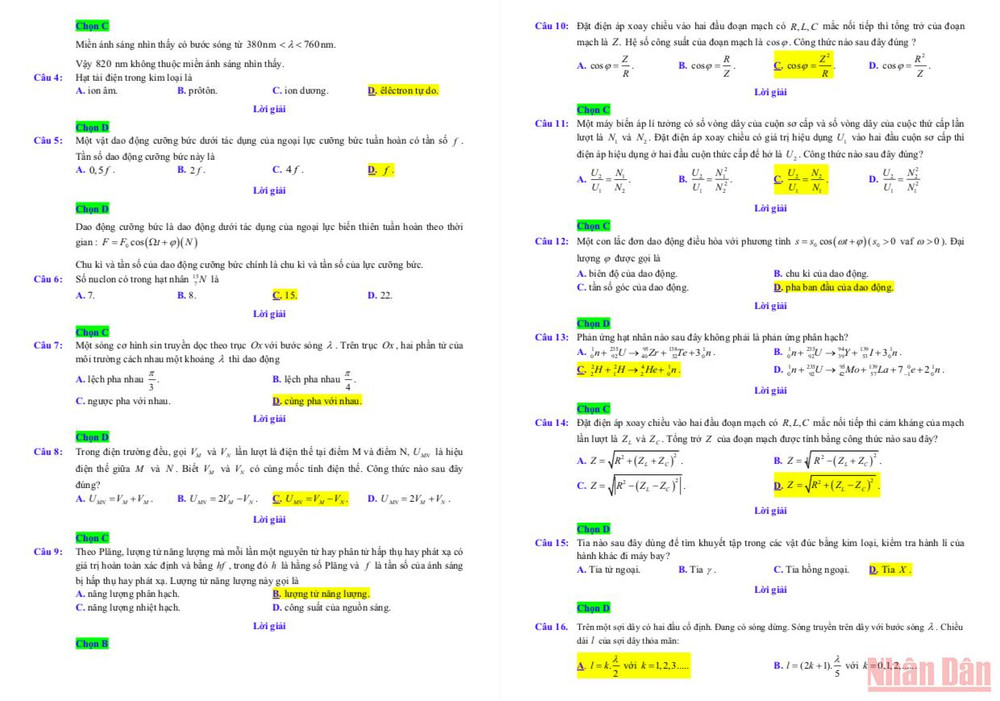 Gợi ý đáp án, lời giải môn Vật lý thi tốt nghiệp trung học phổ thông đợt 2 -1
