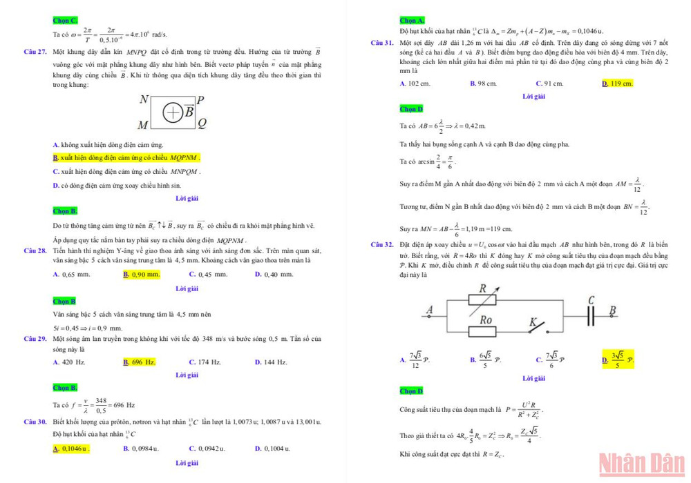 Gợi ý đáp án, lời giải môn Vật lý thi tốt nghiệp trung học phổ thông đợt 2 -3