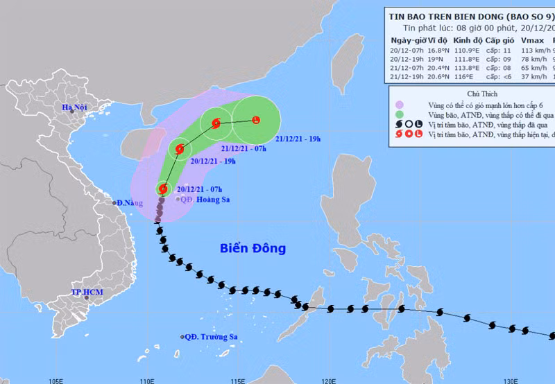 Vị trí và hướng di chuyển của bão số 9 lúc 8 giờ ngày 20/12. (Nguồn: nchmf.gov.vn)