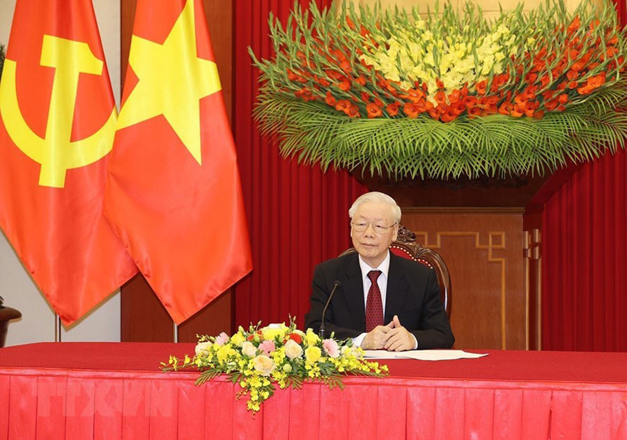 Tổng Bí thư Nguyễn Phú Trọng tại cuộc điện đàm với Thủ tướng Đức Olaf Scholz. (Ảnh: Trí Dũng/TTXVN) Hình ảnh Tổng Bí thư điện đàm với Thủ tướng Đức Olaf Scholz -0