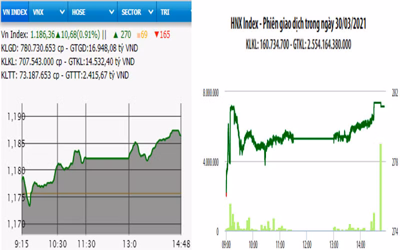 Diễn biến VN-Index và HNX-Index, phiên giao dịch ngày 30-3. 