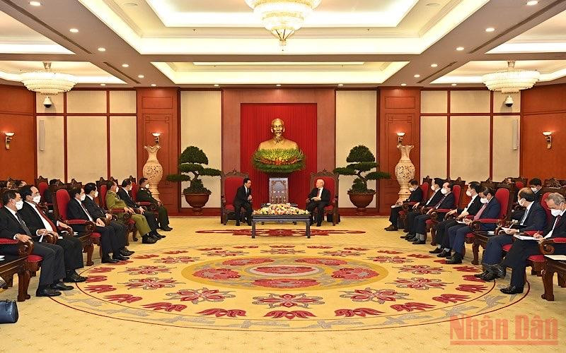 Quang cảnh buổi tiếp Thủ tướng Chính phủ nước Cộng hòa Dân chủ Nhân dân Lào Phankham Viphavanh tại Trụ sở Trung ương Đảng. (Ảnh: ĐĂNG KHOA) Tổng Bí thư Nguyễn Phú Trọng tiếp Thủ tướng Lào Phankham Viphavanh -0