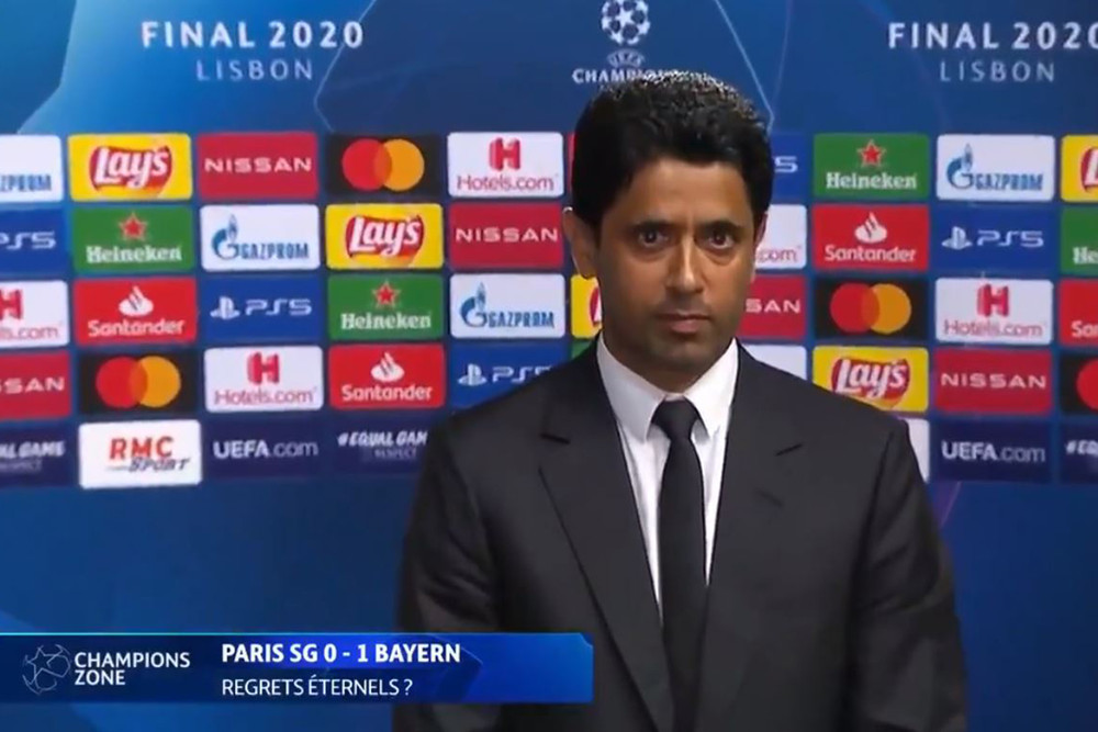 Chủ tịch PSG Al-Khelaifi phát biểu sau trận đấu. PSG sau thất bại trước Bayern -0