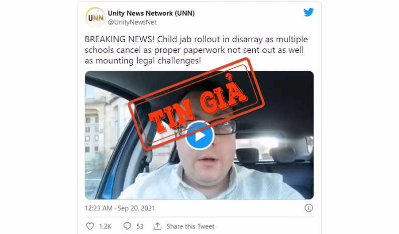 Đoạn video đăng tải thông tin sai sự thật về chiến dịch tiêm vaccine Covid-19 cho trẻ em 12-15 tuổi ở xứ Anh. (Ảnh chụp màn hình)