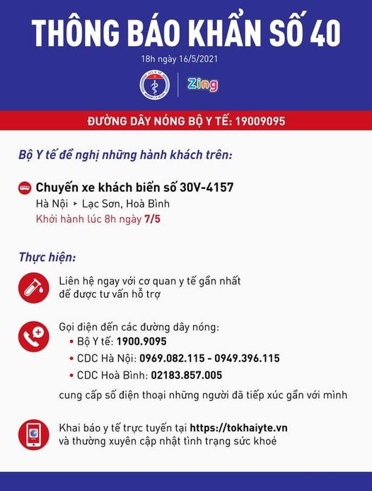Bộ Y tế tìm người trên chuyến xe từ Hà Nội tới Lạc Sơn, Hòa Bình ảnh 1 Bộ Y tế tìm người trên chuyến xe từ Hà Nội tới Lạc Sơn, Hòa Bình -0