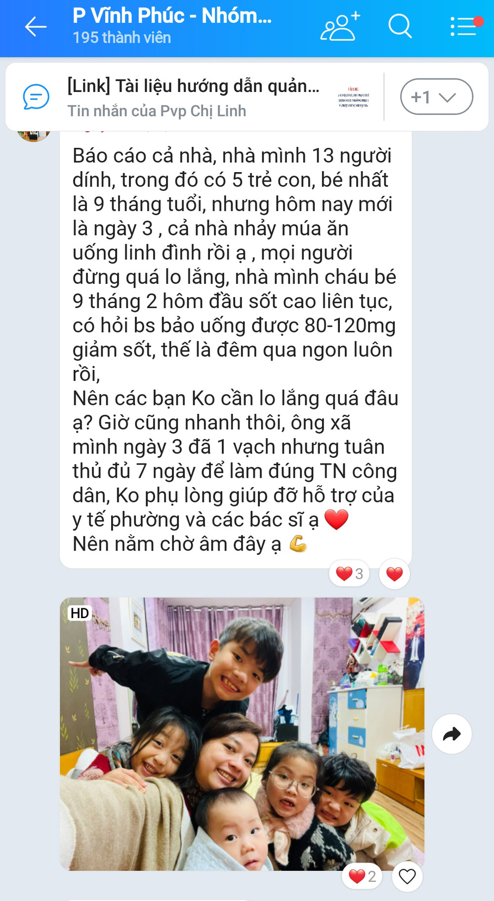 Tinh thần lạc quan của gia đình chị Nguyễn Thị Lệ trên nhóm zalo của phường Vĩnh Phúc động viên rất nhiều F0 đang điều trị tại nhà và là niềm khích lệ tinh thần rất lớn với các bác sĩ Bệnh viện Phổi Trung ương. Mô hình tư vấn F0 qua zalo: F0 yên tâm, bác sĩ sát sao với người bệnh -0