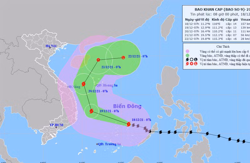 Vị trí và hướng di chuyển của bão số 9 lúc 8 giờ ngày 18/12. (Nguồn: nchmf.gov.vn)