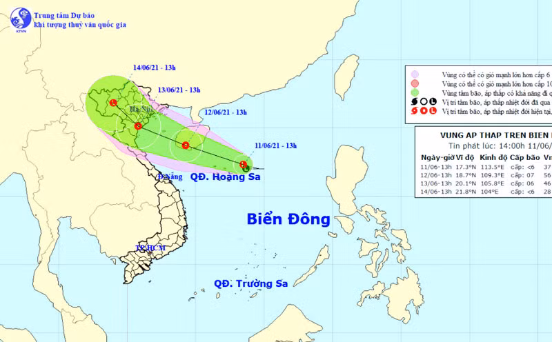 Vị trí và hướng di chuyển của vùng áp thấp. (Nguồn: nchmf.gov.vn)