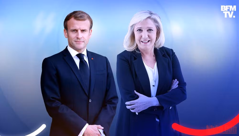 Hai ứng cử viên lọt vào vòng hai bầu cử tổng thống Pháp: ông Emmanuel Macron và bà Marine Le Pen. Ảnh: BFMTV.
