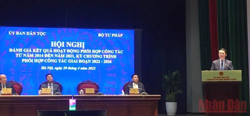 Bộ trưởng, Chủ nhiệm Ủy ban Dân tộc Hầu A Lềnh phát biểu tại Hội nghị. (Ảnh: V.T) Ủy ban Dân tộc và Bộ Tư pháp ký kết Chương trình phối hợp công tác giai đoạn 2022-2026 -0