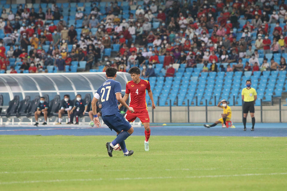 Bảo Toàn mở tỷ số cho U23 Việt Nam ở phút bù giờ của hiệp 1. (Ảnh: VFF) U23 Việt Nam vô địch giải U23 Đông Nam Á 2022 -0