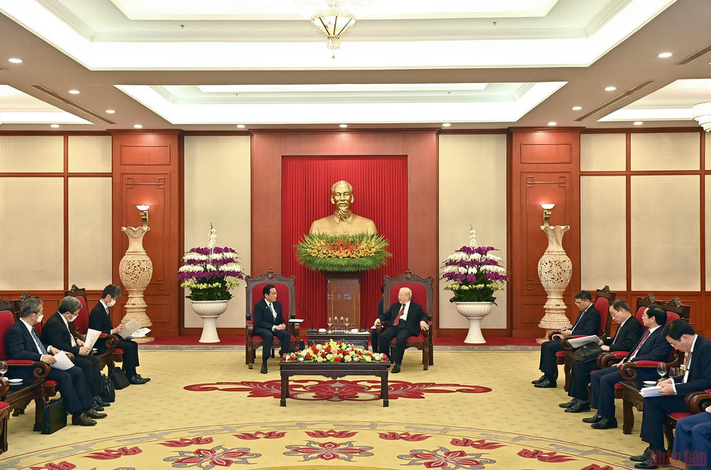 Quang cảnh buổi tiếp tại Trụ sở Trung ương Đảng. (Ảnh: Duy Linh) Tổng Bí thư Nguyễn Phú Trọng tiếp Thủ tướng Nhật Bản Kishida Fumio -0