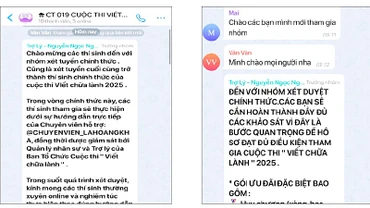 Nội dung lừa đảo từ kênh giả mạo cuộc thi “Viết chữa lành” của BOOKAS. Ảnh: Các nạn nhân cung cấp